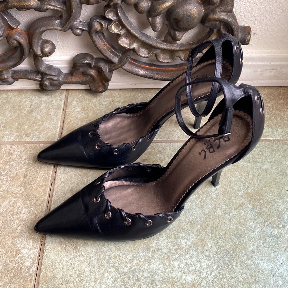 BCBG Paris Black Leather Pointed Toe Heels with Ankle Strap